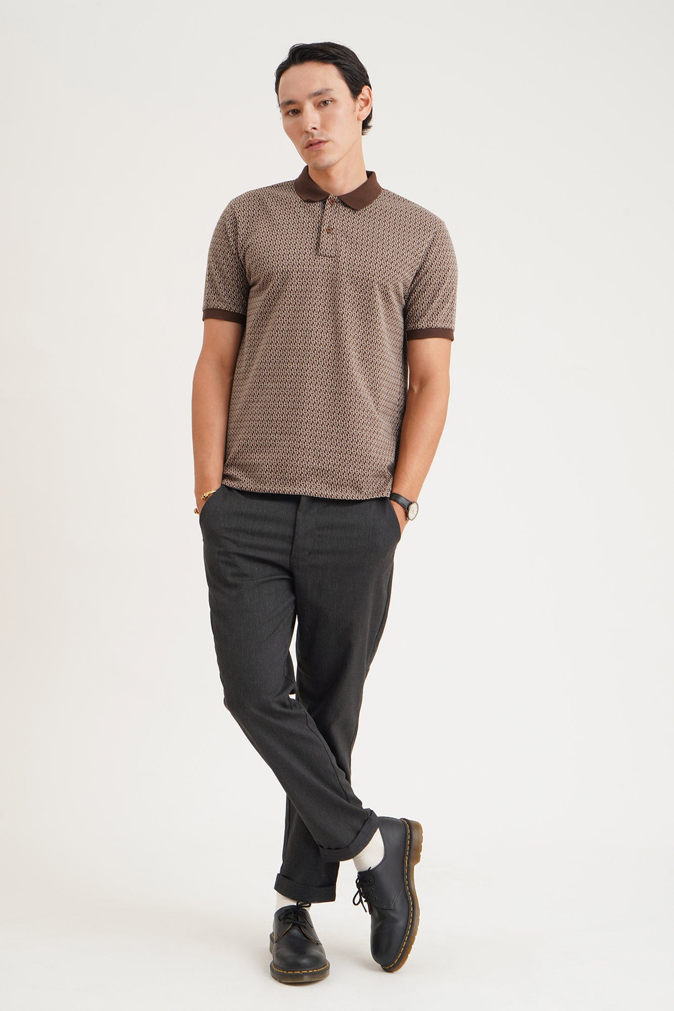 Slim Fit Jacquard-knit polo shirt - Brown/Patterned - Men